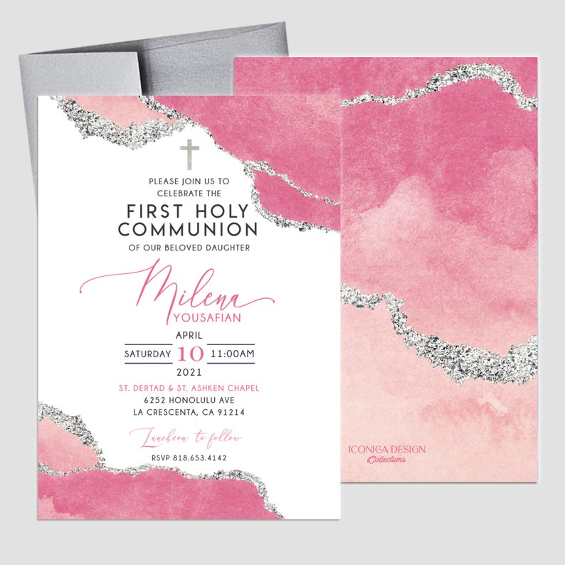First Communion Invitation Girl or Boy Geode Elegant Invitations, Pink Watercolor Geode Invitation,Any Religious Event,More colors available