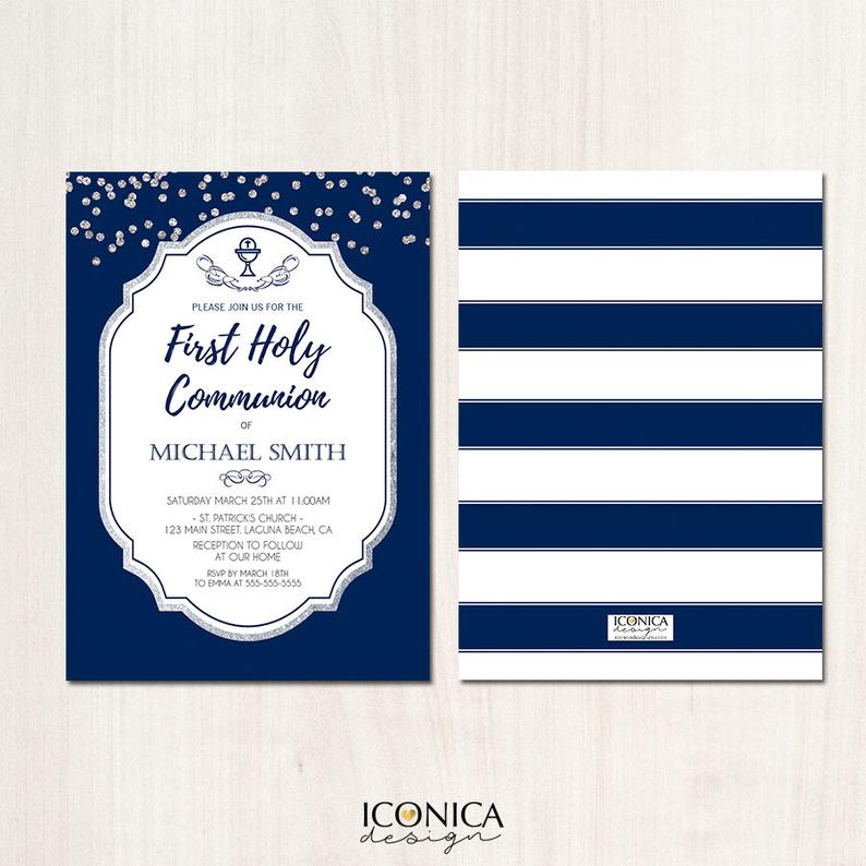 First Communion Invitation Navy Blue And Silver Invite Silver Glitter Baptism Party Invite Printed Or Printable File Free Shipping Ifc0007