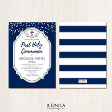 Load image into Gallery viewer, First Communion Invitation Navy Blue And Silver Invite Silver Glitter Baptism Party Invite Printed Or Printable File Free Shipping Ifc0007
