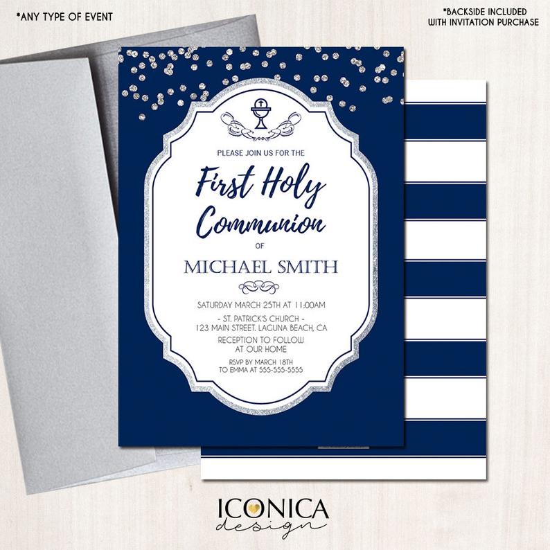 First Communion Invitation Navy Blue And Silver Invite Silver Glitter Baptism Party Invite Printed Or Printable File Free Shipping Ifc0007