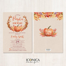 Load image into Gallery viewer, Pumpkin Baby Shower Invitations, Little Pumpkin Cards, Pumpkin Patch, October Baby, Pumpkin Themed Cards, Printed or Printable File IBS0014
