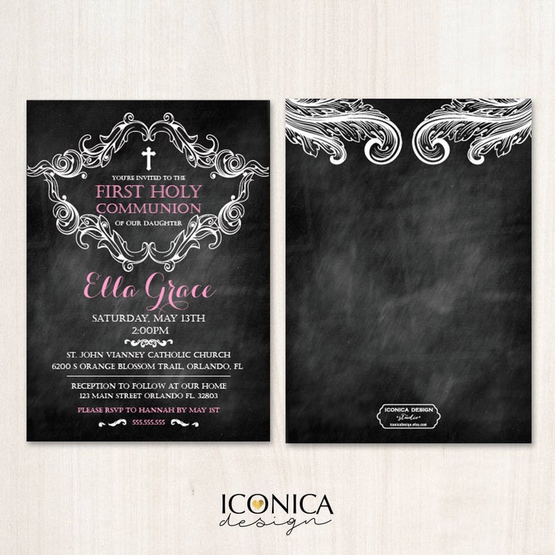 First Communion invitation, Girl, Baptism Invitation, Chalkboard style, Any color, Any Age, Any wording, Printed or Printable File, Free Shipping