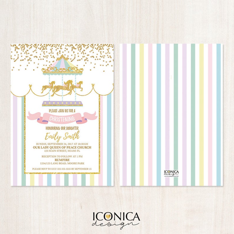 Carousel Invitation, Carousel Christening or Baptism Invite, Circus Girl Invitation, Any Event, Printed Or Printable File ICH0003