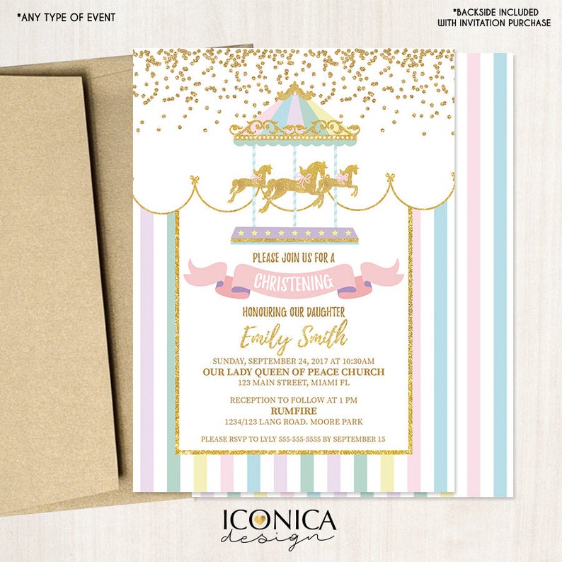 Carousel Invitation, Carousel Christening or Baptism Invite, Circus Girl Invitation, Any Event, Printed Or Printable File ICH0003