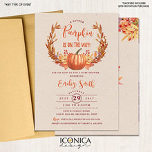 Load image into Gallery viewer, Pumpkin Baby Shower Invitations, Little Pumpkin Cards, Pumpkin Patch, October Baby, Pumpkin Themed Cards, Printed or Printable File IBS0014
