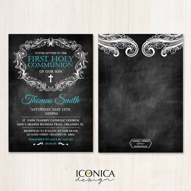 First Communion invitation, Boy, Baptism Invitation, Chalkboard style, Any color, Any Age, Any wording, Printed or Printable File, Free Shipping