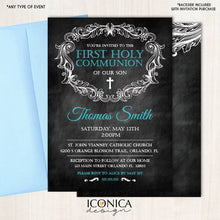 Load image into Gallery viewer, First Communion invitation, Boy, Baptism Invitation, Chalkboard style, Any color, Any Age, Any wording, Printed or Printable File, Free Shipping
