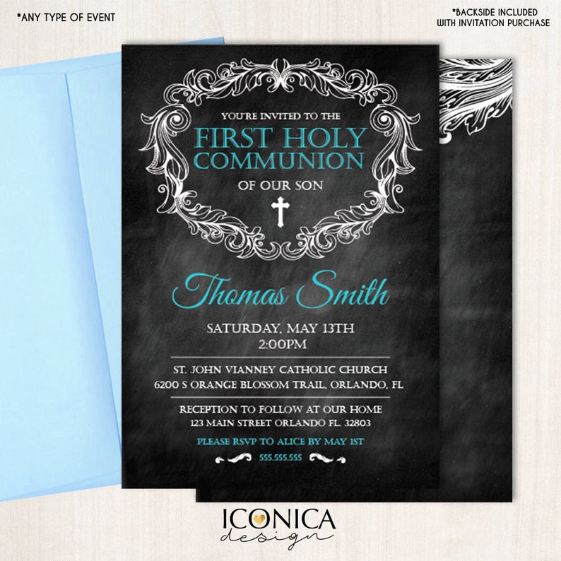 First Communion invitation, Boy, Baptism Invitation, Chalkboard style, Any color, Any Age, Any wording, Printed or Printable File, Free Shipping