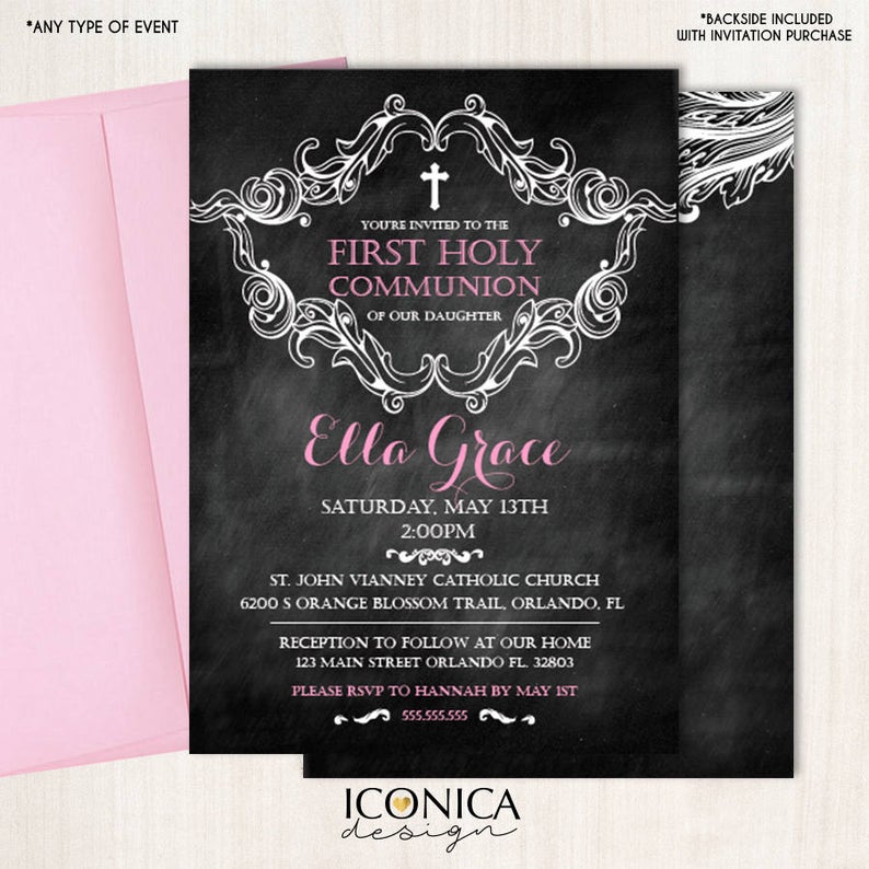 First Communion invitation, Girl, Baptism Invitation, Chalkboard style, Any color, Any Age, Any wording, Printed or Printable File, Free Shipping