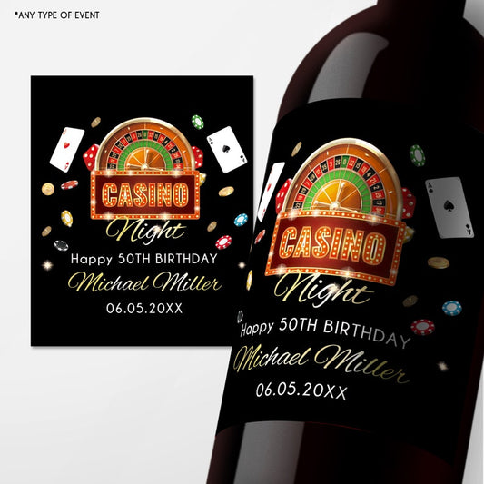 Casino 50th Birthday Wine Label Personalized "Cheers to 50 years" Any Age Milestone Birthday Beverage Labels Beer or Champagne labels
