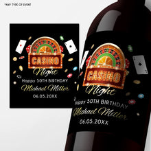 Load image into Gallery viewer, Casino 50th Birthday Wine Label Personalized &quot;Cheers to 50 years&quot; Any Age Milestone Birthday Beverage Labels Beer or Champagne labels
