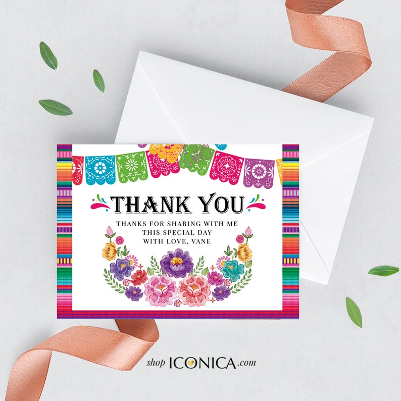 Floral Thank You Cards, Fiesta Theme Cards, Let's Fiesta / Cinco de mayo /set Of 10/ A2 Folded / White Envelopes Included / Non Personalized - Printed Cards