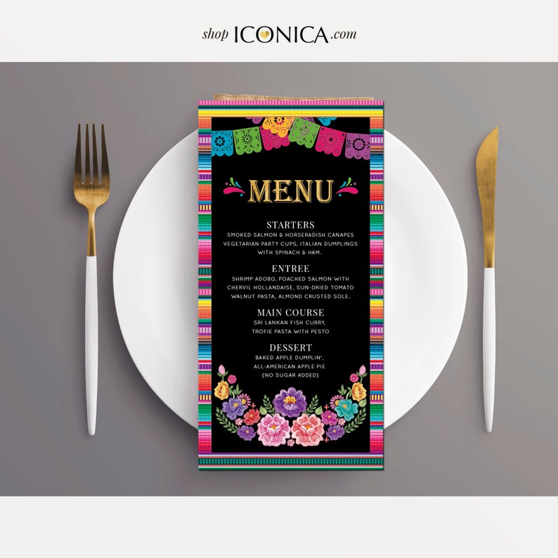 Fiesta Theme Menu,Cinco de Mayo menu,Let's Fiesta Menu Card,Printable File or Printed Menu,Engagement Party,Weddings,Anniversary