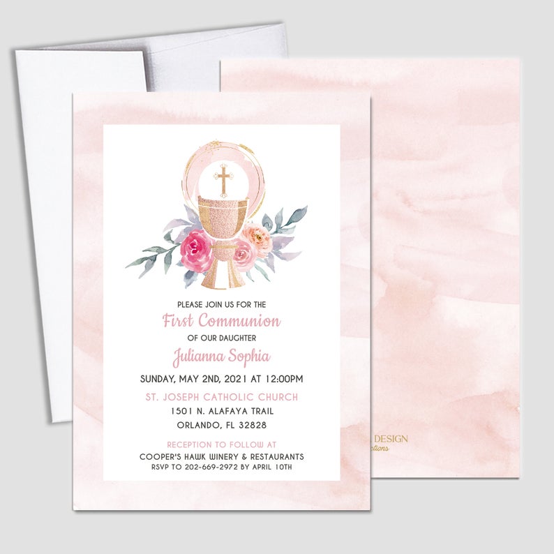 First Communion Invitation Girl Elegant Invitations, Elegant Pink Watercolor Invitation, Any Religious Event, More colors available