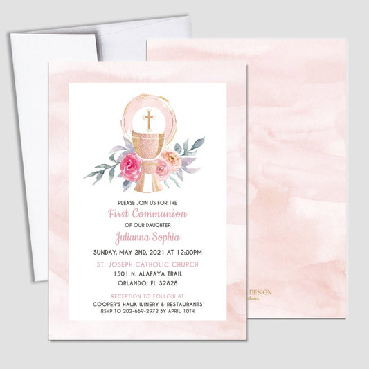 First Communion Invitation Girl Elegant Invitations, Elegant Pink Watercolor Invitation, Any Religious Event, More colors available