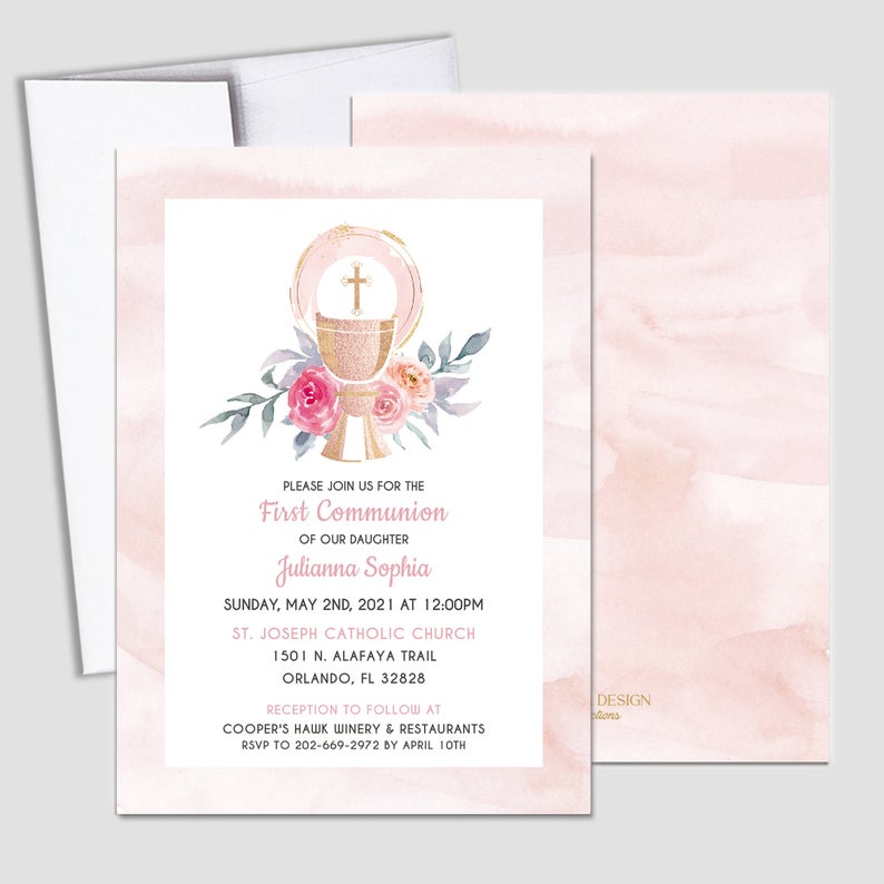 First Communion Invitation Girl Elegant Invitations, Elegant Pink Watercolor Invitation, Any Religious Event, More colors available