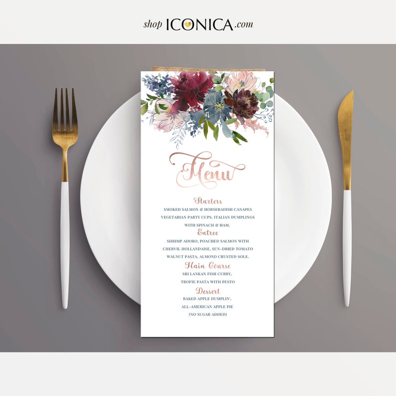 Place Cards Floral Burgundy and Navy - Tent Cards || Wish Collection | Printed Cards