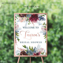 Load image into Gallery viewer, Bridal Shower Welcome Sign Pink Dusty Blue and Burgundy Decor - Floral Pink and Blue Shower Decorations Engagement Party {Wish Collection}
