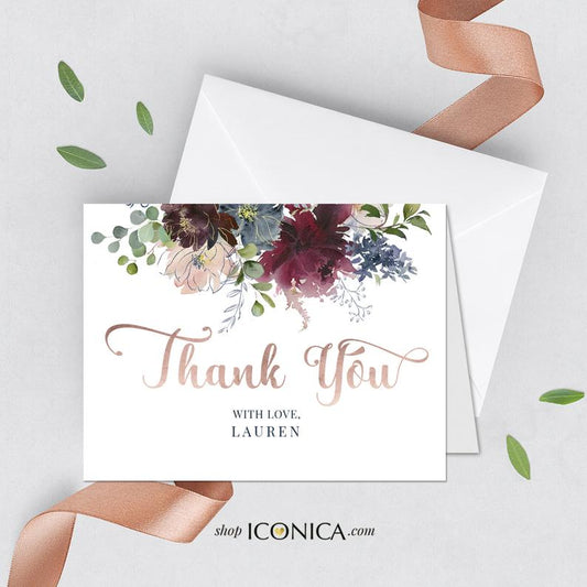 Thank You Cards A2 thick Printed Cards matte paper 120# A2 Folded Floral Pink Burgundy and Blue, White Envelopes included {Wish Collection}