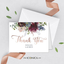 Load image into Gallery viewer, Thank You Cards A2 thick Printed Cards matte paper 120# A2 Folded Floral Pink Burgundy and Blue, White Envelopes included {Wish Collection}

