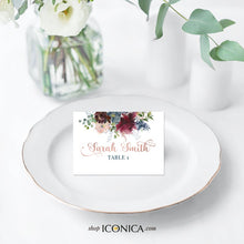 Load image into Gallery viewer, Place Cards Floral Burgundy and Navy - Tent Cards || Wish Collection | Printed Cards
