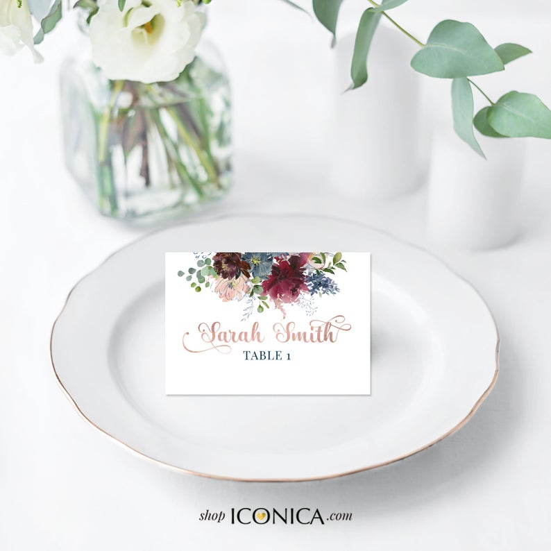 Place Cards Floral Burgundy and Navy - Tent Cards || Wish Collection | Printed Cards