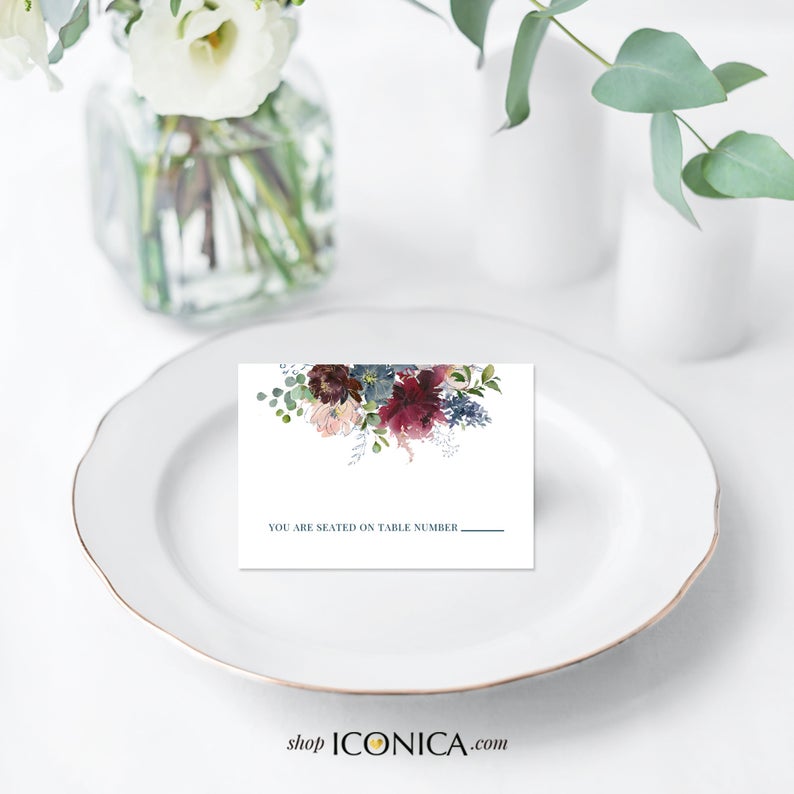 Place Cards Floral Burgundy and Navy - Tent Cards || Wish Collection | Printed Cards