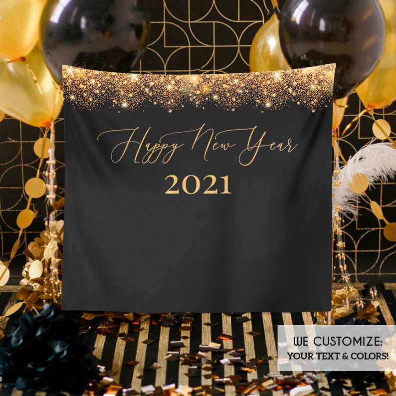 New Year Eve Backdrop, Virtual Toast Decorations NYE PARTY New Year's Eve party Photo Booth Backdrop, Black and Faux Gold backdrop