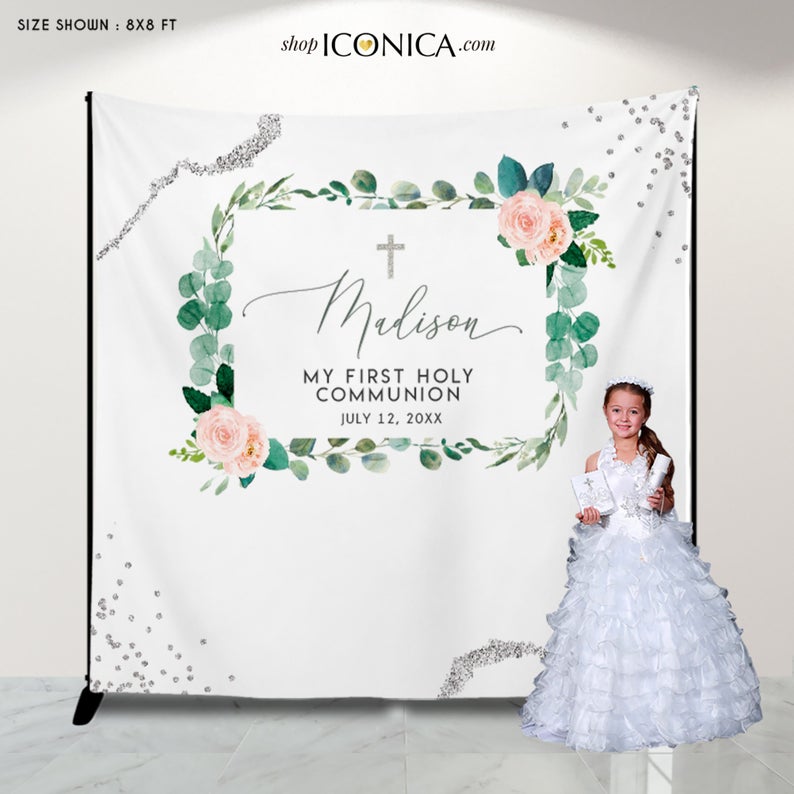First Communion invitation girl, First holy communion invitation, Elegant Invitations Blush Pink Greenery Gold, invitaciones comunion