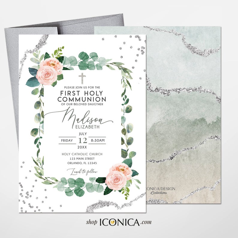 First Communion Invitations girl, Communion invites for girls Elegant Invitations Blush Pink Greenery Silver Christening