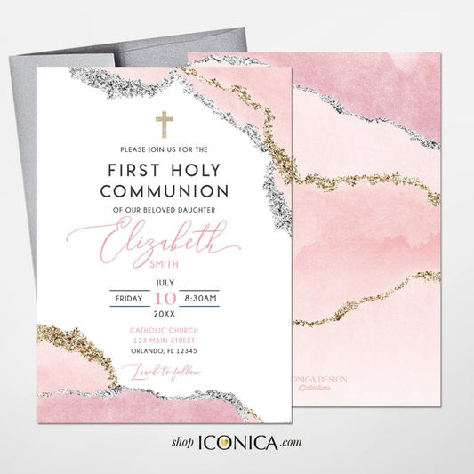 First Communion Invitation Girl or Boy Geode Elegant Invitations, Pink Watercolor Geode Invitation, Any Religious Event