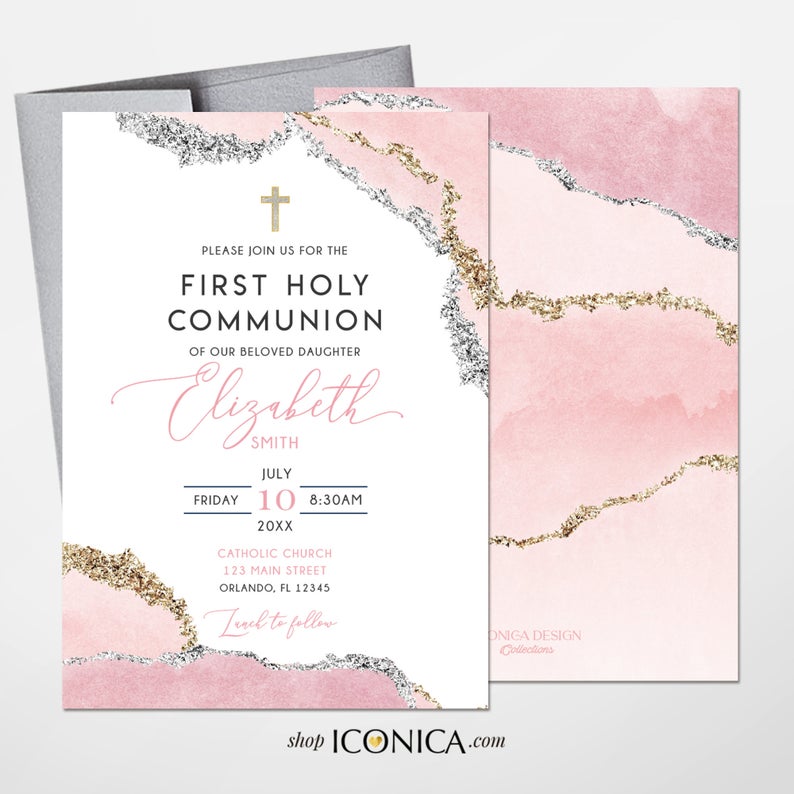 First Communion Invitation Girl or Boy Geode Elegant Invitations, Pink Watercolor Geode Invitation, Any Religious Event
