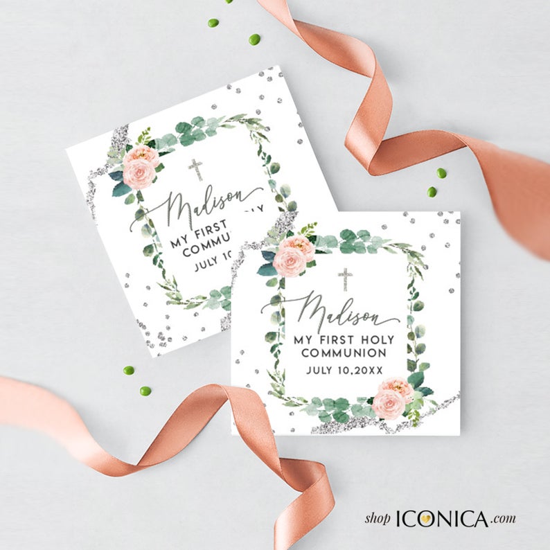 First Communion invitation girl, First holy communion invitation, Elegant Invitations Blush Pink Greenery Gold, invitaciones comunion