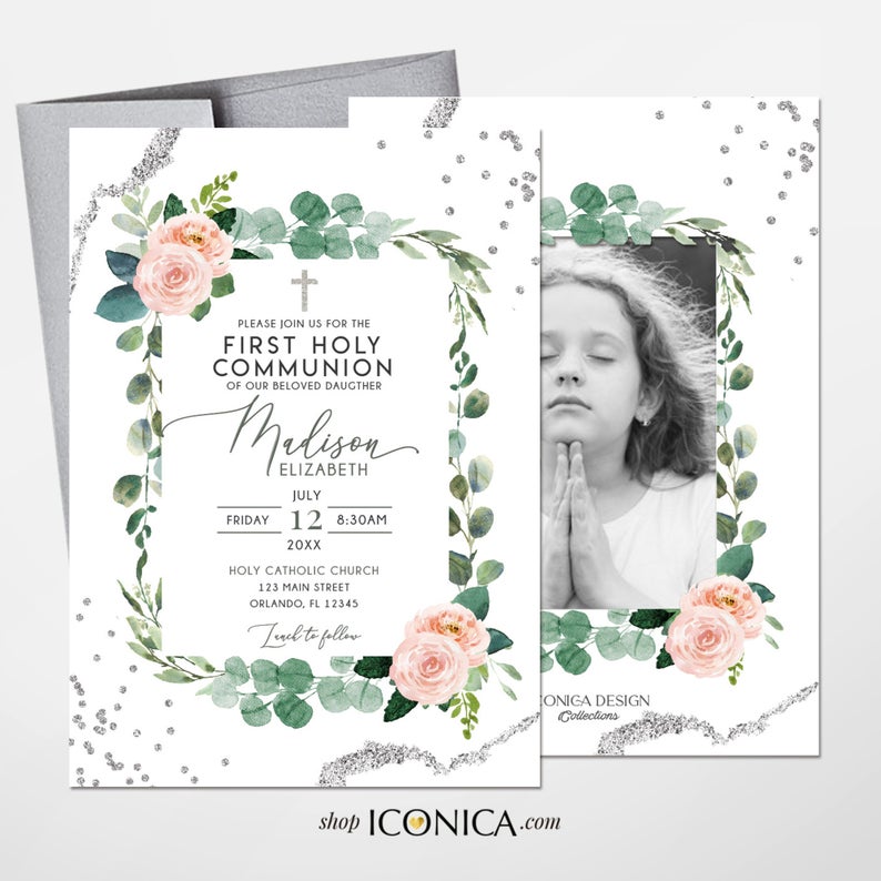 First Communion Invitations girl, Communion invites for girls Elegant Invitations Blush Pink Greenery Silver Christening