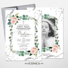 Load image into Gallery viewer, First Communion Invitations girl, Communion invites for girls Elegant Invitations Blush Pink Greenery Silver Christening
