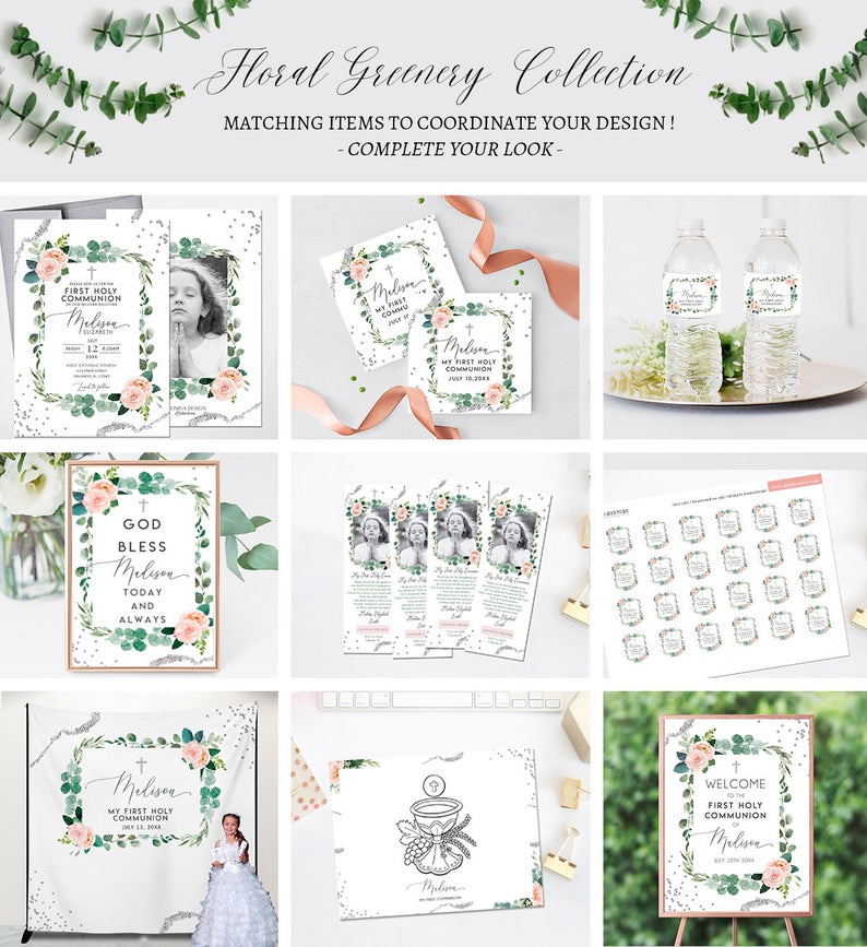 First Communion Invitations girl, Communion invites for girls Elegant Invitations Blush Pink Greenery Silver Christening