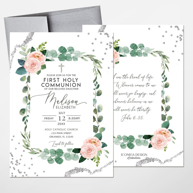 First Communion Invitations girl, Communion invites for girls Elegant Invitations Blush Pink Greenery Silver Christening