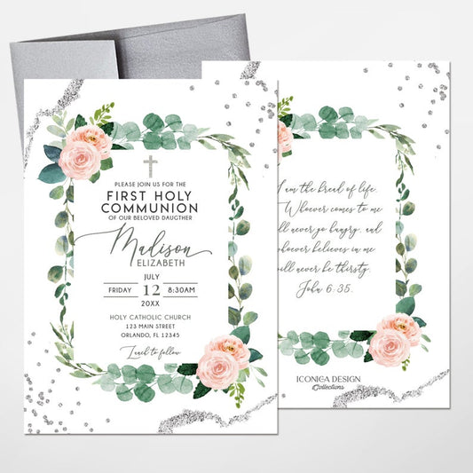 First Communion Invitations girl, Communion invites for girls Elegant Invitations Blush Pink Greenery Silver Christening