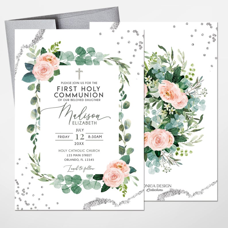 First Communion Invitations girl, Communion invites for girls Elegant Invitations Blush Pink Greenery Silver Christening