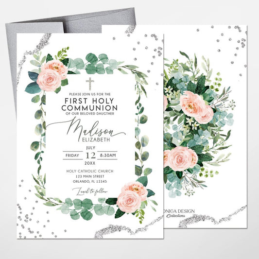 First Communion Invitations girl, Communion invites for girls Elegant Invitations Blush Pink Greenery Silver Christening