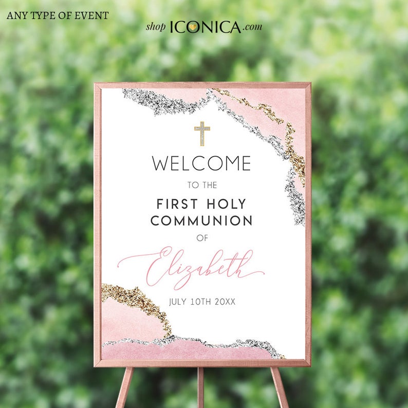 First Communion Invitation Girl or Boy Geode Elegant Invitations, Pink Watercolor Geode Invitation, Any Religious Event