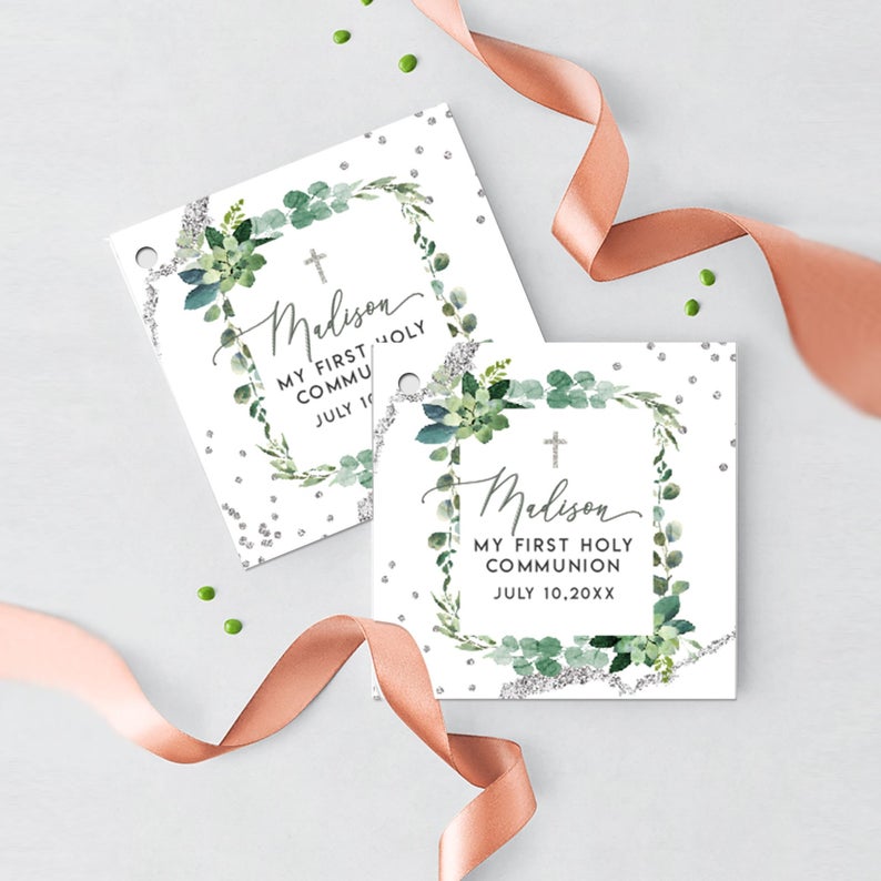 First Communion Cards Succulents Greenery Thank you Cards Handcrafted 3-layers Card Baptism Cards Bookmarks, Tarjetas de Recuerdo