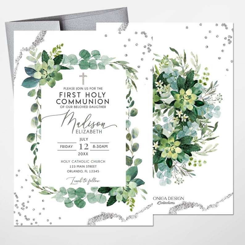 First Communion Cards Succulents Greenery Thank you Cards Handcrafted 3-layers Card Baptism Cards Bookmarks, Tarjetas de Recuerdo
