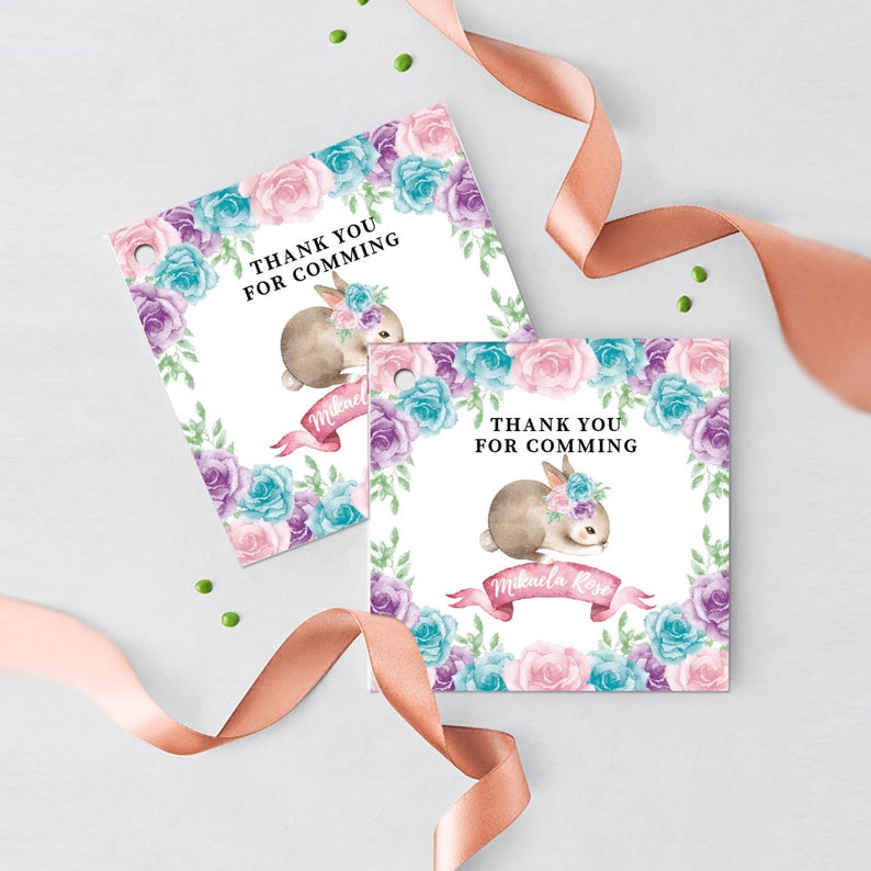 Bunny Favor Tags, Floral Bunny, Elegant Easter Bunny 1st Birthday, Spring Parties, Pastel Floral Tags, Thank You Tags, Printed Gift Tags, Easter