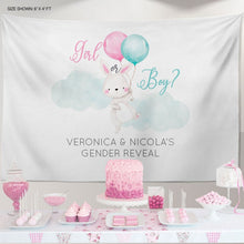 Load image into Gallery viewer, Bunny Gender Reveal Backdrop, Gender Reveal Backdrop, Gender Reveal, Easter, Spring Parties, Boy or Girl, Bunny Boy or Girl Banner ,Boy or Girl Banner, baby shower
