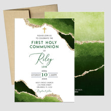 Load image into Gallery viewer, First Communion Invitation Boy or Girl Geode Elegant Invitations, Green Watercolor Geode Invitation, Any Religious Event, More colors available
