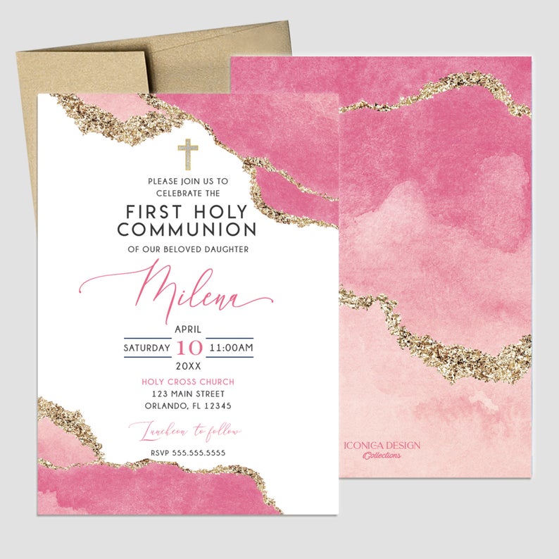 First Communion Invitation Girl or Boy Geode Elegant Invitations, Pink Watercolor Geode Invitation, Any Religious Event, More colors available