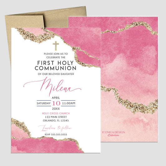First Communion Invitation Girl or Boy Geode Elegant Invitations, Pink Watercolor Geode Invitation, Any Religious Event, More colors available