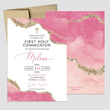 Load image into Gallery viewer, First Communion Invitation Girl or Boy Geode Elegant Invitations, Pink Watercolor Geode Invitation, Any Religious Event, More colors available
