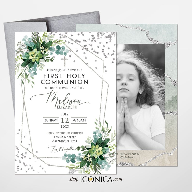 Girl First Communion invitation, Girl religious invitation printed, Grenery Succulents, Girl communion invitation, Greenery invites